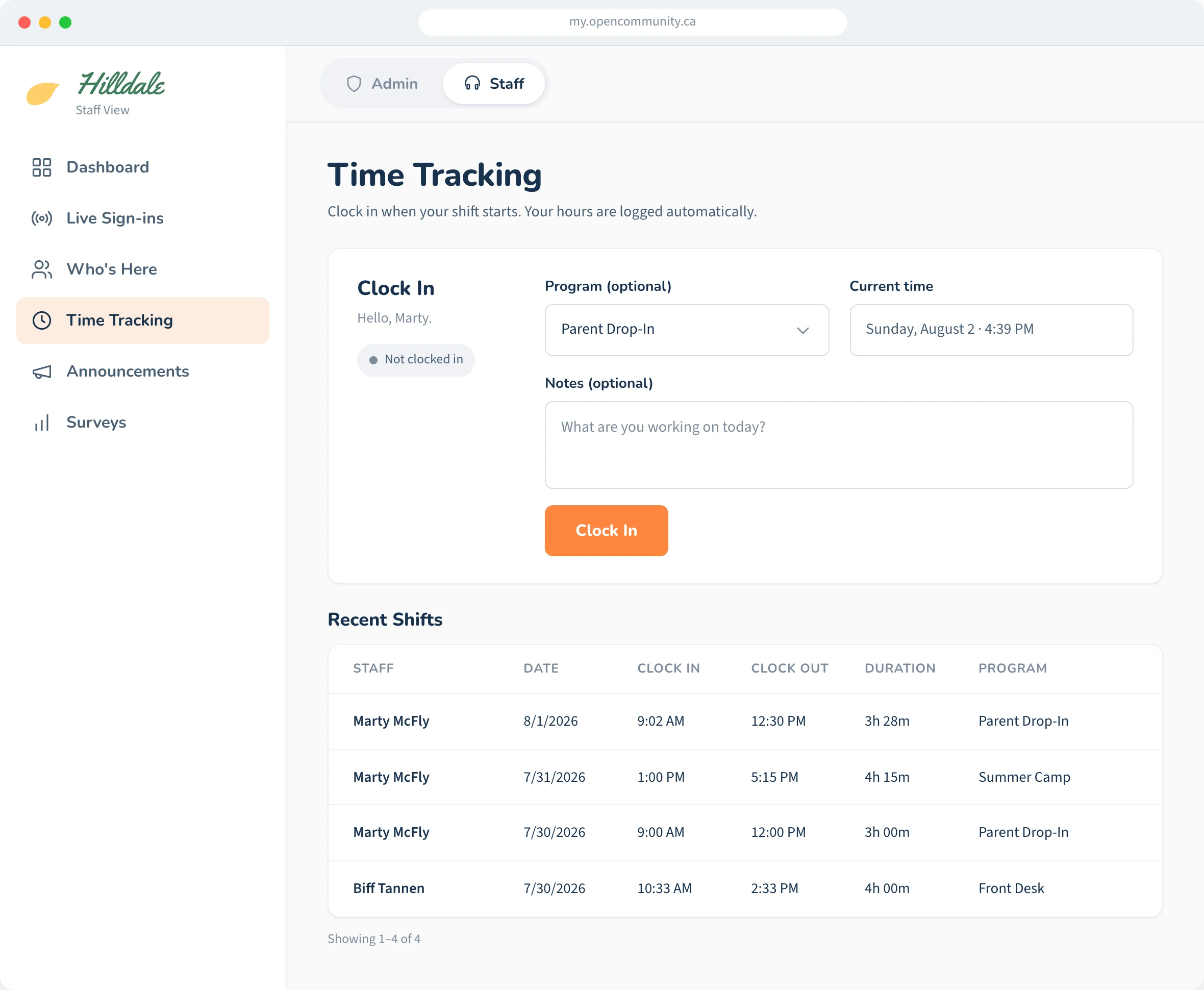 OpenCommunity Time Tracking: a staff clock-in form and a table of recent shifts.