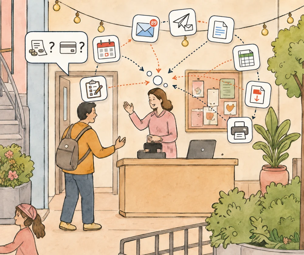 A front desk where a visitor signs in while sign-in sheets, calendars, forms, spreadsheets, emails, and printouts all flow into one central system.